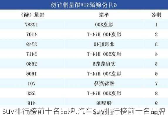 suv排行榜前十名品牌,汽车suv排行榜前十名品牌